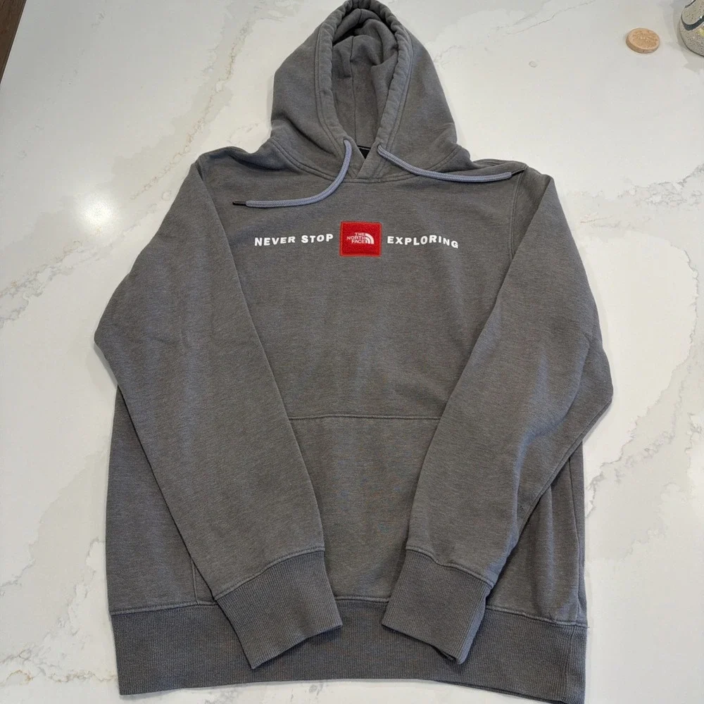 The North Face Pullover Hoodie Mens Medium Gray EUC Never Stop Exploring Fleece